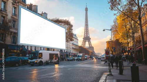 Fototapeta Naklejka Na Ścianę i Meble -  A busy street in Paris with a large white billboard in the background.