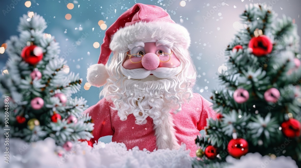 Cute Santa Claus figurine in a pink suit, standing between two decorated Christmas trees, with falling snow and twinkling lights in the background. Cute Santa Claus figurine in a pink suit, standing between two decorated Christmas trees, with falling snow and twinkling lights in the background.