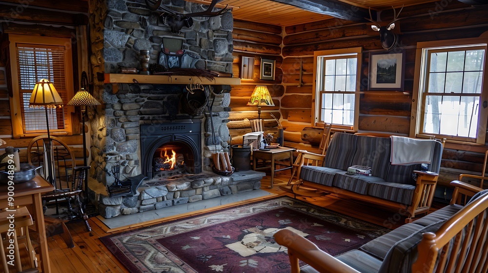 Fototapeta premium Cozy Cabin Interior with Fireplace and Rustic Furniture