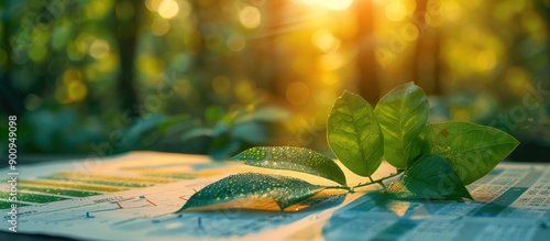 Sunlit Green Leaves on Financial Newspaper with Dew Drops in a Forest Setting