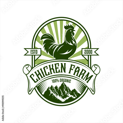 chicken farm logo badge emblem label vector template illustration design vintage style chicken mascot silhouette