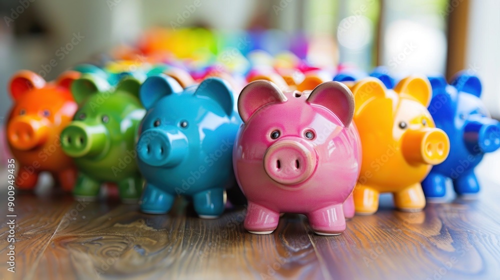 Obraz premium A row of colorful piggy banks are lined up on a wooden table. The piggy banks are of different colors and sizes, and they all have a cute design. Concept of fun and playfulness