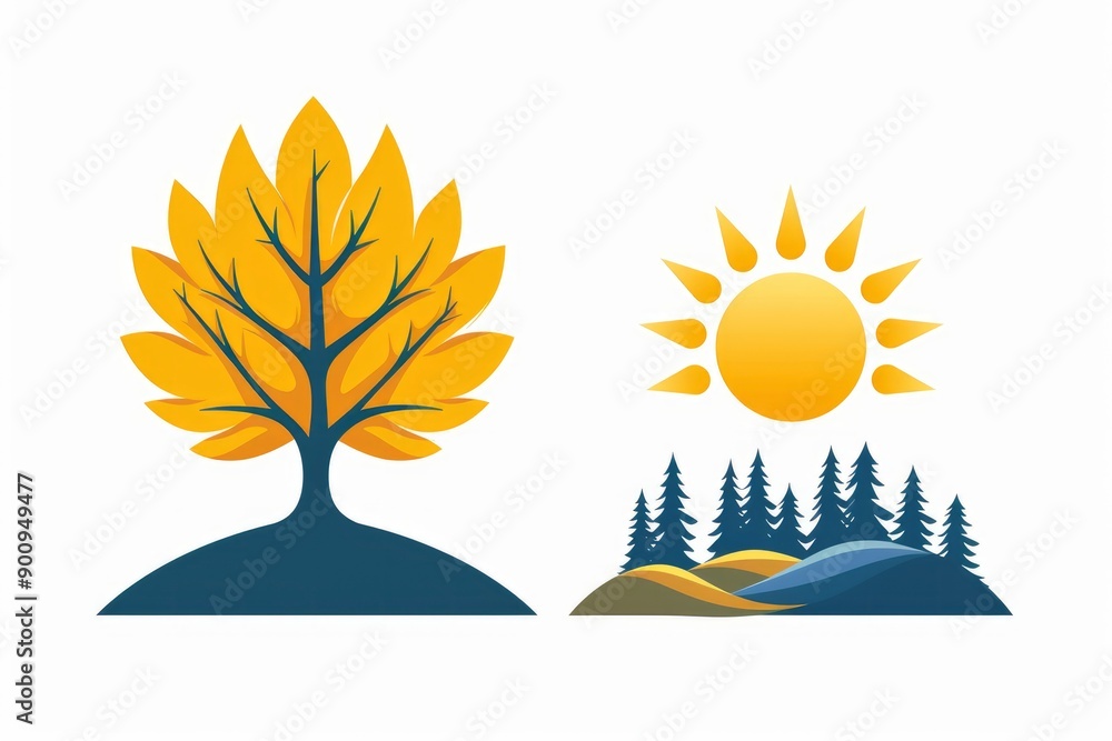 Fotografie Tree, Sun, and Forest Landscape - Nature Icon Set