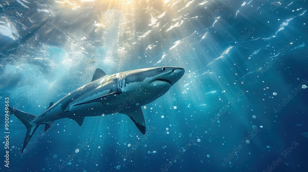Fototapeta premium Majestic Great White Shark Swimming Underwater with Sunlight Filtering Through the Ocean Surface