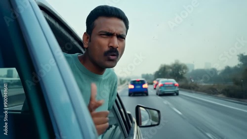 East Indian Driver Exhibits Road Rage While Driving on Busy Highway in Daylight Generative AI photo