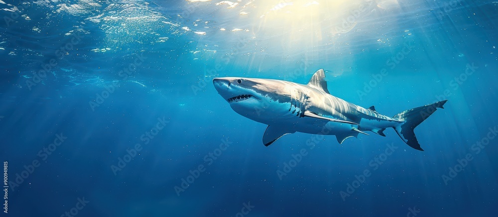 Majestic Great White Shark Swimming in Clear Blue Ocean Waters Under Sunlight Majestic Great White Shark Swimming in Clear Blue Ocean Waters Under Sunlight