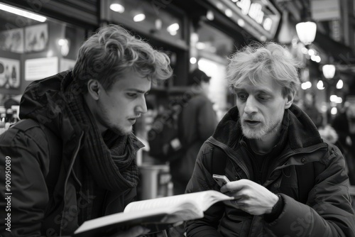 A black-and-white photograph of two men conversing, one holding a book and the other a smartphone, with a blurred background suggesting a busy street or market.