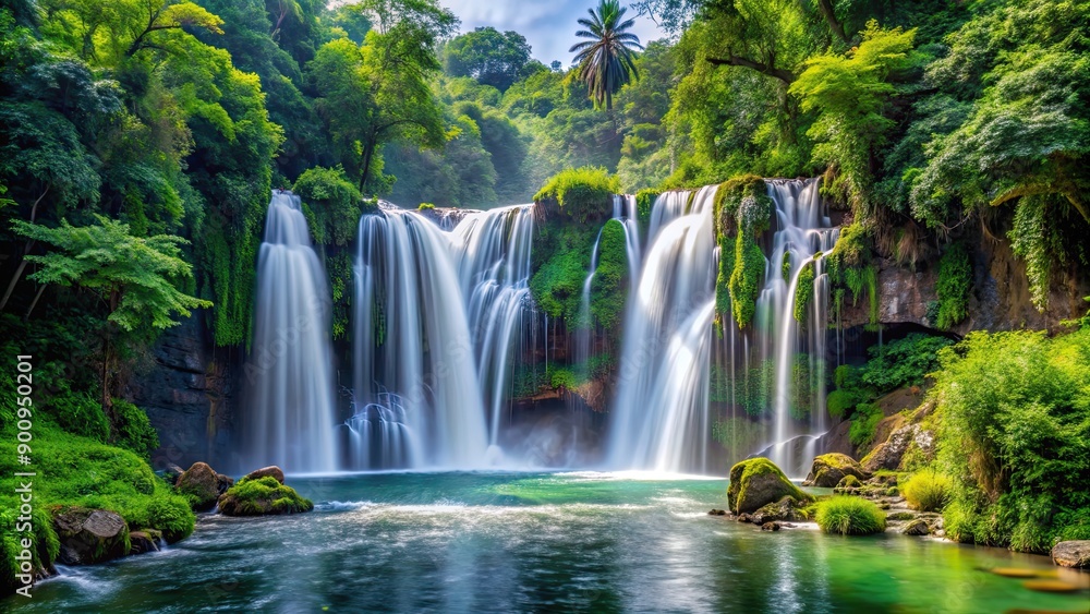 Naklejka premium Scenic big waterfall in the green frost, waterfall, scenic, nature, green, frost, winter, landscape, cold, majestic, beauty