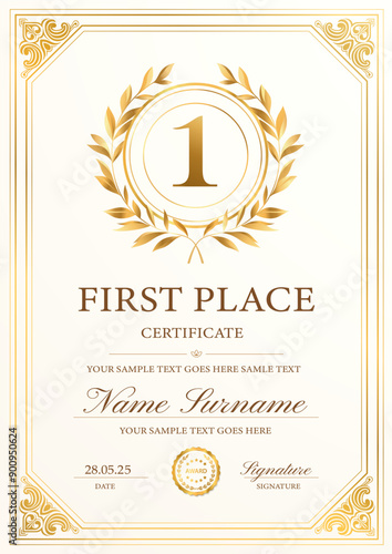 Certificate, diploma for first place winner (vertical design template, white background) with frame, border, and insignia