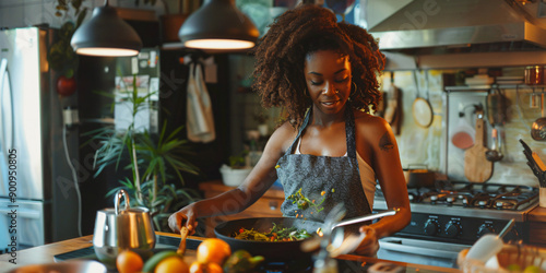 african woman in an apron smiles as she stirs vegetables in a pan on the stovetop in a modern kitchen.