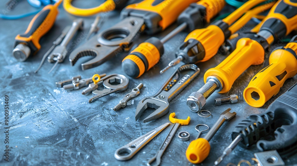 Fototapeta premium Neatly organized telecommunications tools including a fiber optic cleaver punch down tool and various cables Stock Photo with copy space