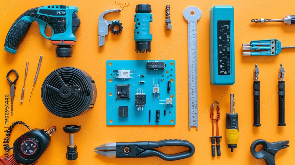 A flat lay of essential telecommunications tools like crimping tools network testers and patch cords Stock Photo with copy space A flat lay of essential telecommunications tools like crimping tools network testers and patch cords Stock Photo with copy space