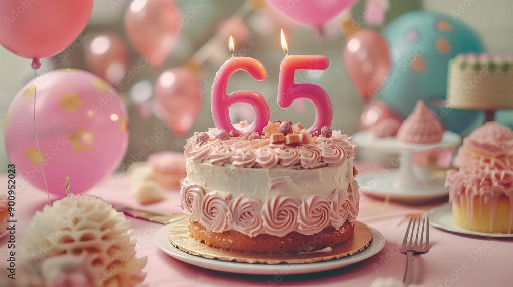 Birthday cake with big fancy burning lit candle number 65. Background for a party or an anniversary celebration with decorations and copy space for text. Pastel pink color tone. Birthday cake with big fancy burning lit candle number 65. Background for a party or an anniversary celebration with decorations and copy space for text. Pastel pink color tone.