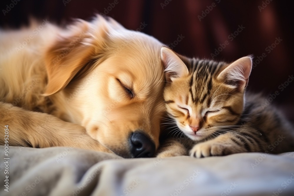 Cat and dog sleeping together. Kitten and puppy taking nap. Home pets. Animal care. Love and friendship. Domestic animals Cat and dog sleeping together. Kitten and puppy taking nap. Home pets. Animal care. Love and friendship. Domestic animals