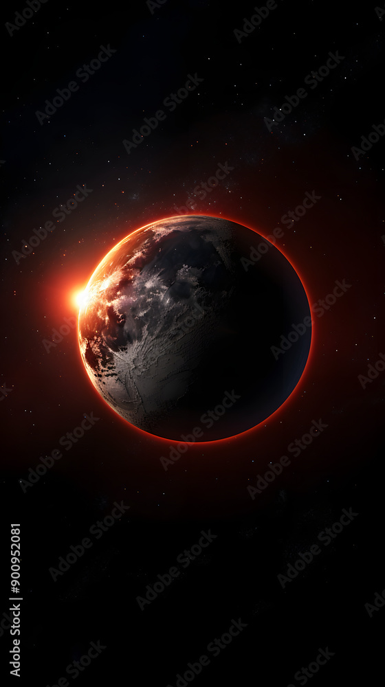A dark planet with a red glow around it, surrounded by a black starry sky. A dark planet with a red glow around it, surrounded by a black starry sky.