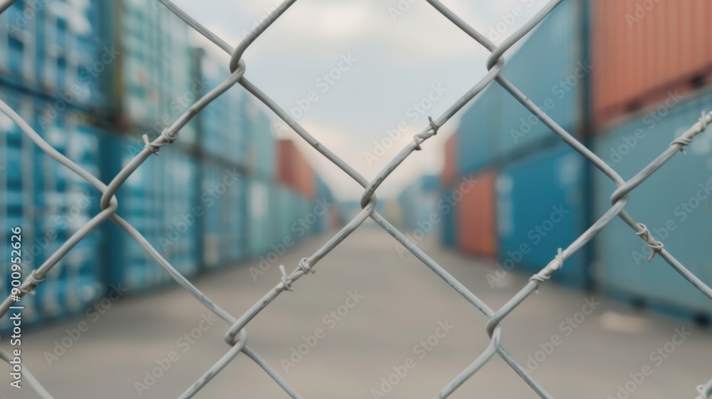 Industrial scene of shipping containers viewed through a chain link fence, depicting storage and logistics in a port setting. Industrial scene of shipping containers viewed through a chain link fence, depicting storage and logistics in a port setting.