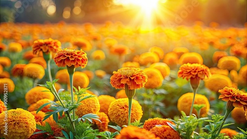 Vivid field of blooming marigold flowers in sunlight, marigold, flowers, vibrant, field, blooming, nature, yellow, outdoor #900952871