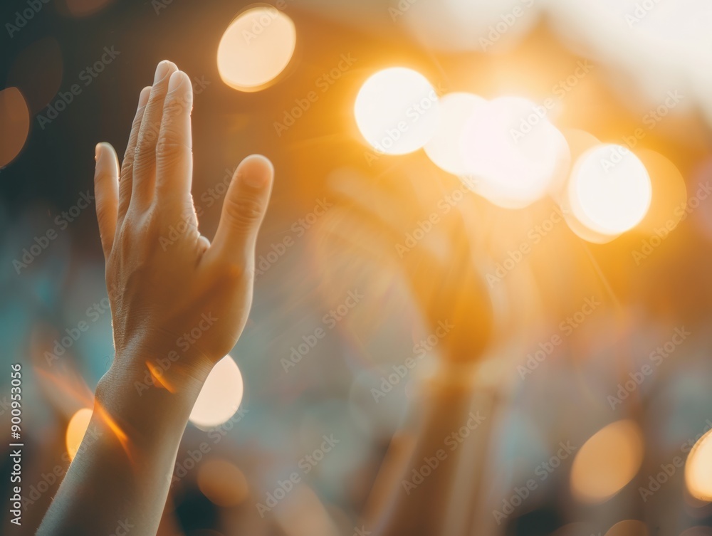 Fototapeta premium Hands raised in celebration under warm sunlight, symbolizing joy and unity at a lively outdoor event.