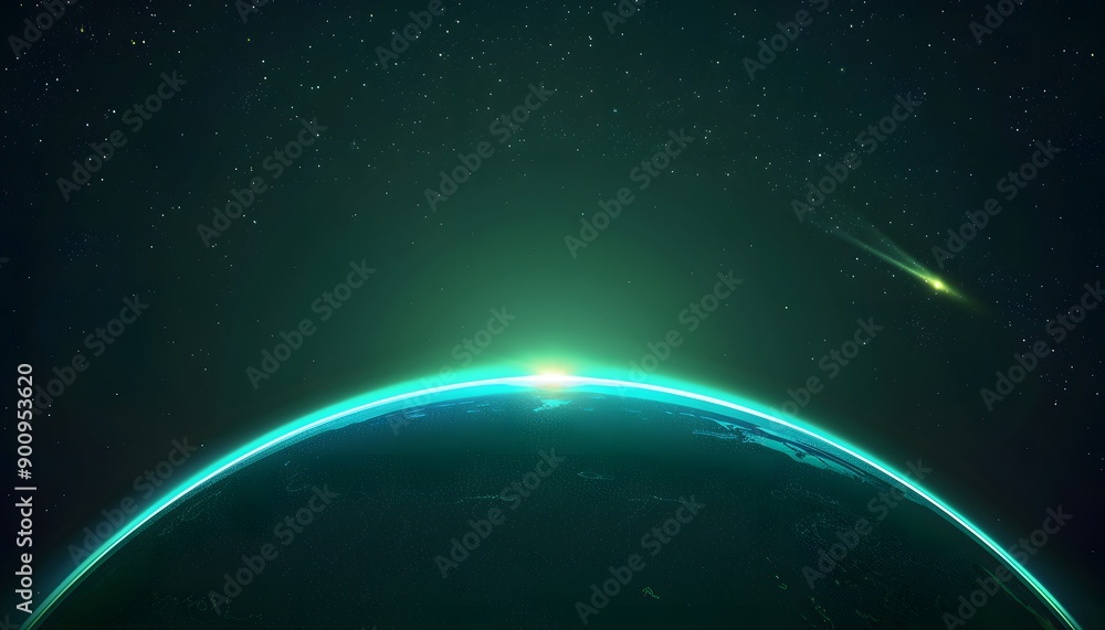 Fototapeta premium Space scene. Green nebula with planet