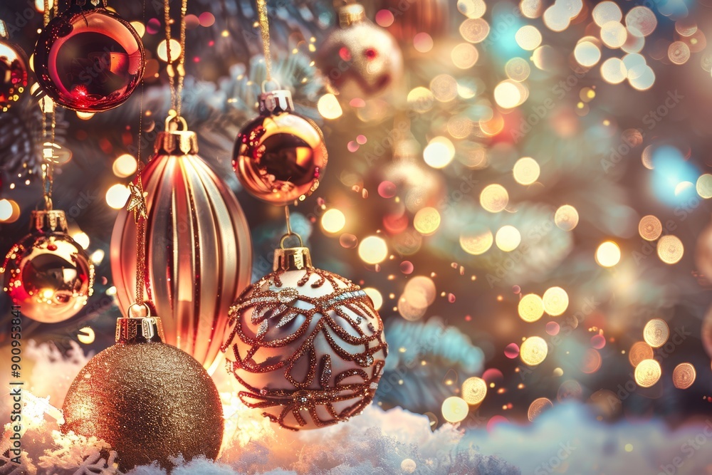 Obraz premium Christmas tree ornament with a festive winter scene, hanging on a tree with lights.