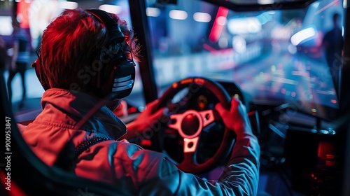 Gamer Concentrated in a Racing Simulation