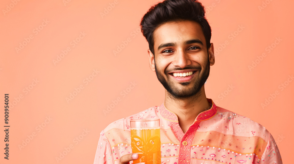 Smiling Indian man wearing kurta, drinking juice Smiling Indian man wearing kurta, drinking juice