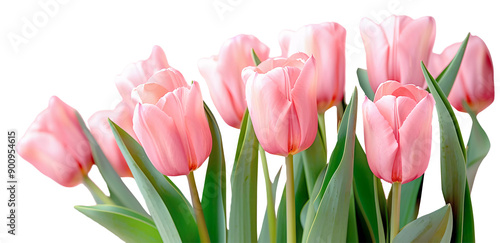 Some beautiful pink tulips with green leaves photo