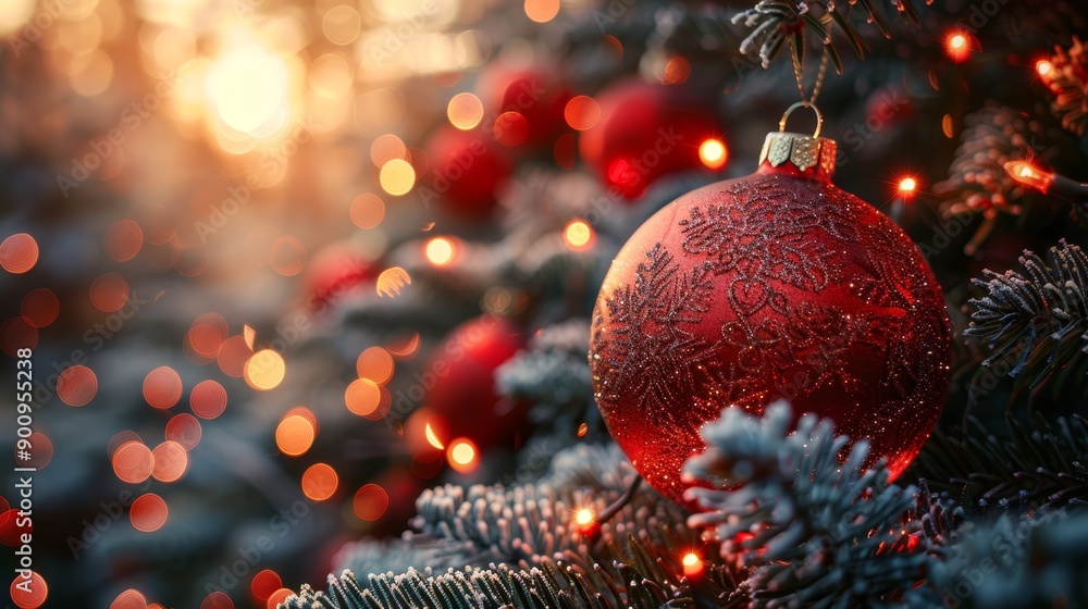 Obraz premium Christmas tree ornament with a festive winter scene, hanging on a tree with lights.