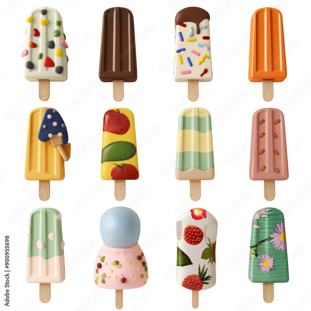 Twelve colorful popsicles on transparent background. Twelve colorful popsicles on transparent background.