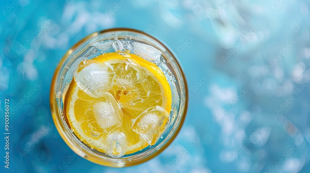 Refreshing lemon soda with ice and honey in a glass, top-down view, cool and invigorating drink Refreshing lemon soda with ice and honey in a glass, top-down view, cool and invigorating drink