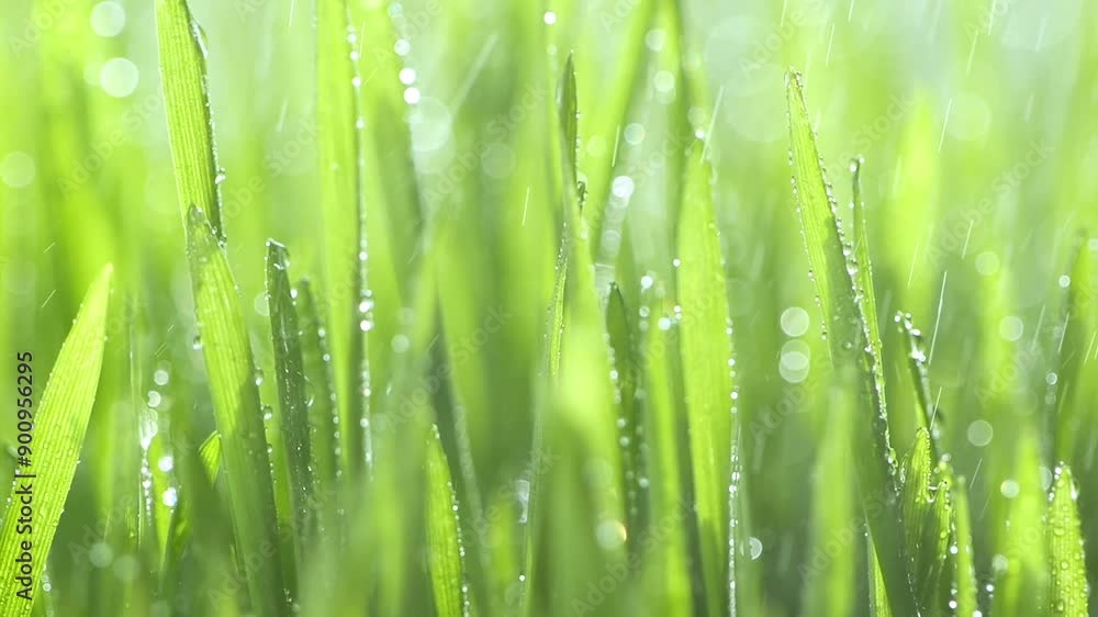 A close up of a lush green grass field sprinkled with water droplets A close up of a lush green grass field sprinkled with water droplets
