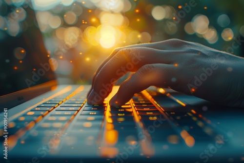 Hands Typing on Laptop Keyboard With Digital Data Visuals photo