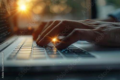 Hands Typing on Laptop Keyboard With Digital Data Visuals photo