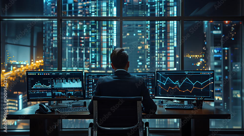 financial master sitting at his desk with multiple monitors displaying stock market charts surrounded by city success lights outside the window trading and business management financial master sitting at his desk with multiple monitors displaying stock market charts surrounded by city success lights outside the window trading and business management