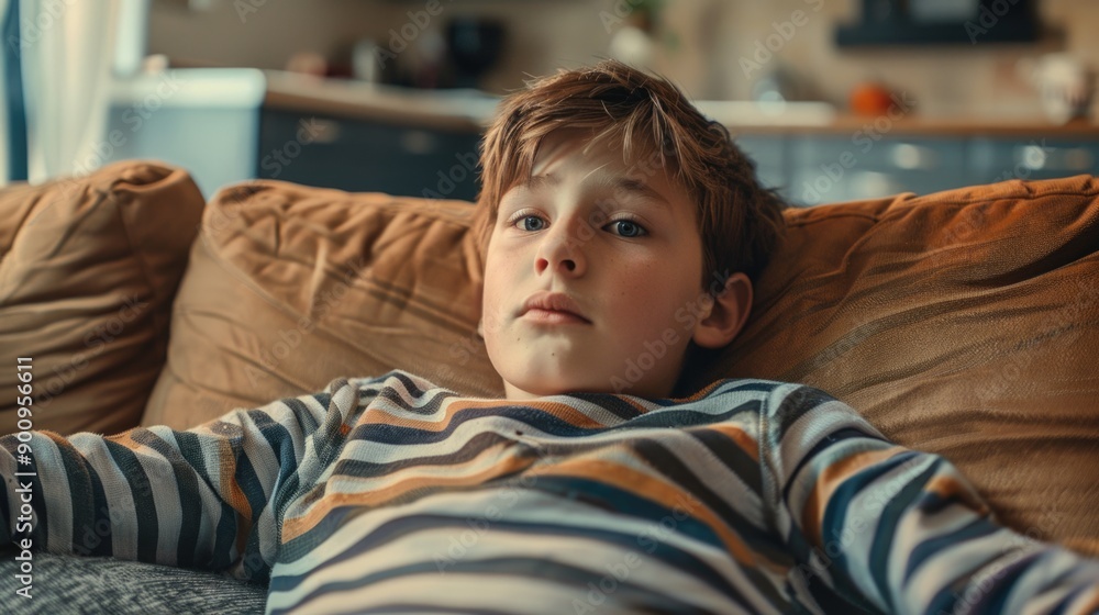 A young boy relaxing on a couch with a remote control, perfect for illustrations and storytelling A young boy relaxing on a couch with a remote control, perfect for illustrations and storytelling