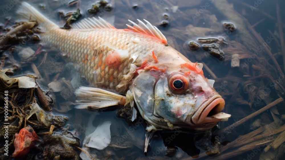 Obraz premium A close-up of a dead fish submerged in a contaminated river, with signs of chemical spill and trash in the water