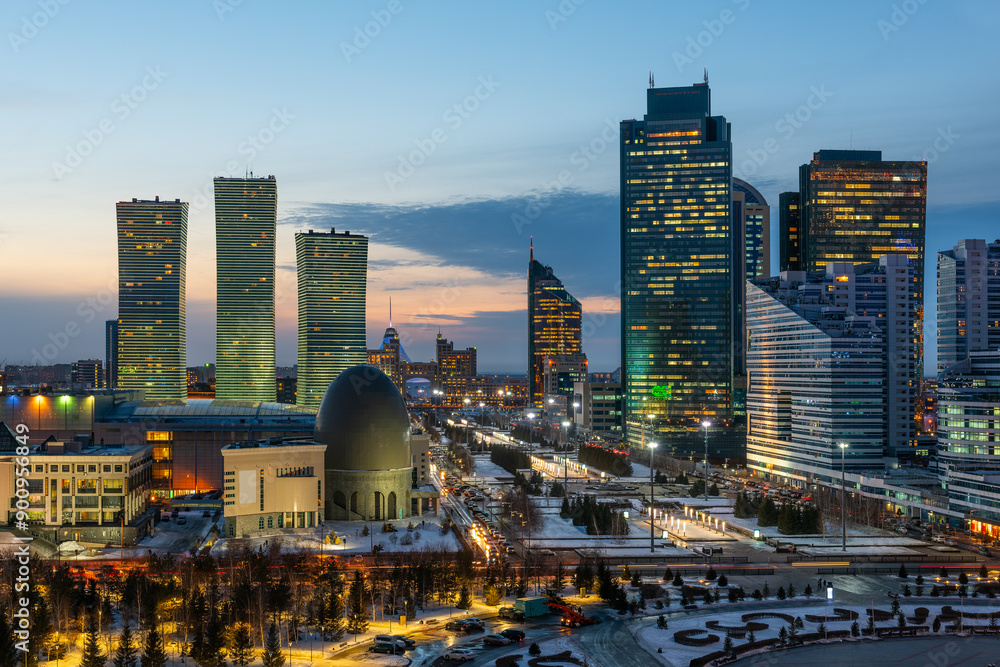 Obraz premium Aerial view of the central part of the capital of Kazakhstan, Astana city on a winter evening