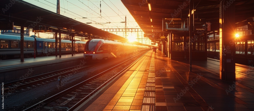 Modern Train Station at Sunset with Sunlight Reflecting on Platform and Train Tracks Modern Train Station at Sunset with Sunlight Reflecting on Platform and Train Tracks