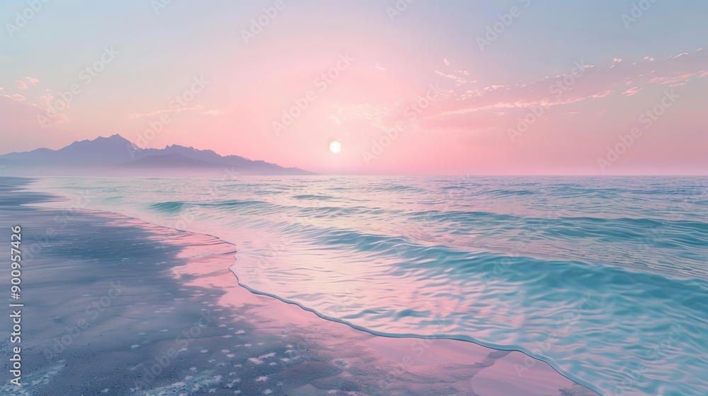A beautiful beach scene with a pink and orange sunset in the background A beautiful beach scene with a pink and orange sunset in the background
