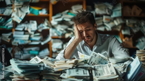 Overwhelmed man with a mountain of unpaid bills, financial burden concept photo