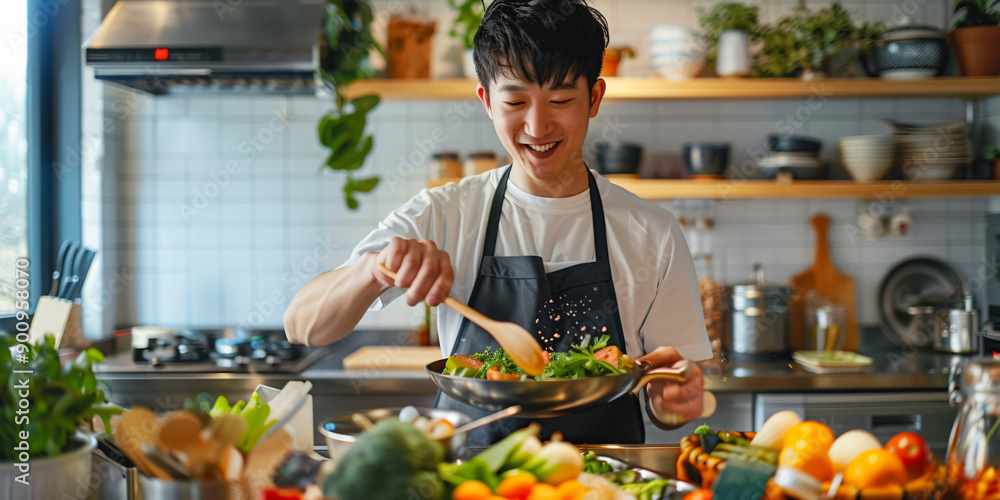 A young asian man smiles as he cooks vegetables in a kitchen. A young asian man smiles as he cooks vegetables in a kitchen.