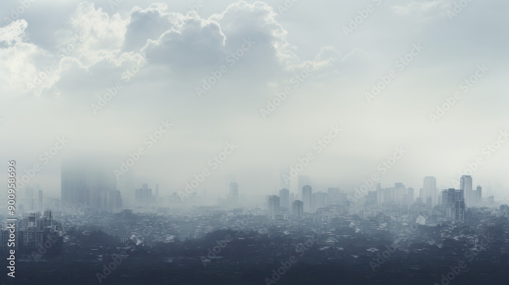 Detailed view of smog and haze over a cityscape, with darkened sky and faint outlines of buildings due to air pollution Detailed view of smog and haze over a cityscape, with darkened sky and faint outlines of buildings due to air pollution
