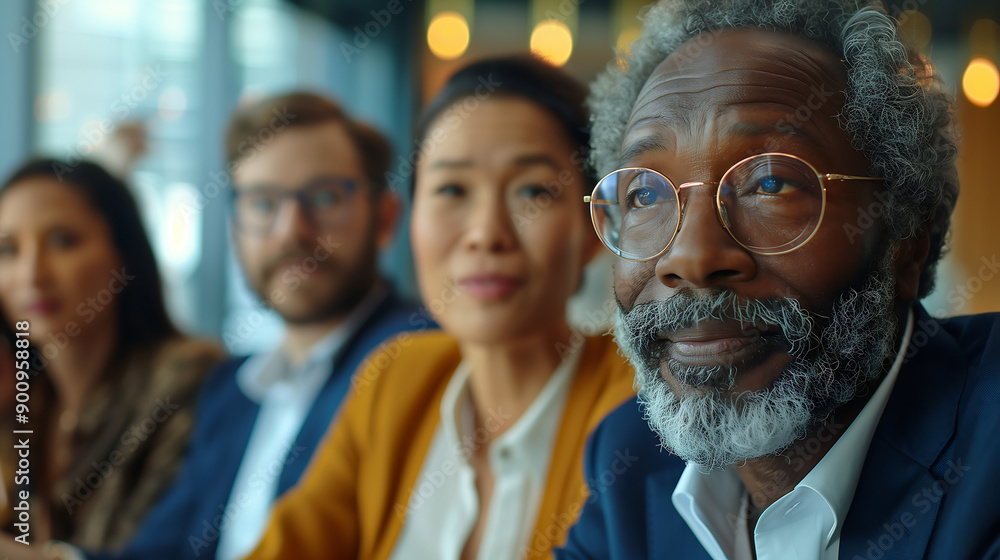 diverse group of professionals attentively engaged in a discussion with a focus on a smiling elderly man wearing glasses in a modern office setting diverse group of professionals attentively engaged in a discussion with a focus on a smiling elderly man wearing glasses in a modern office setting
