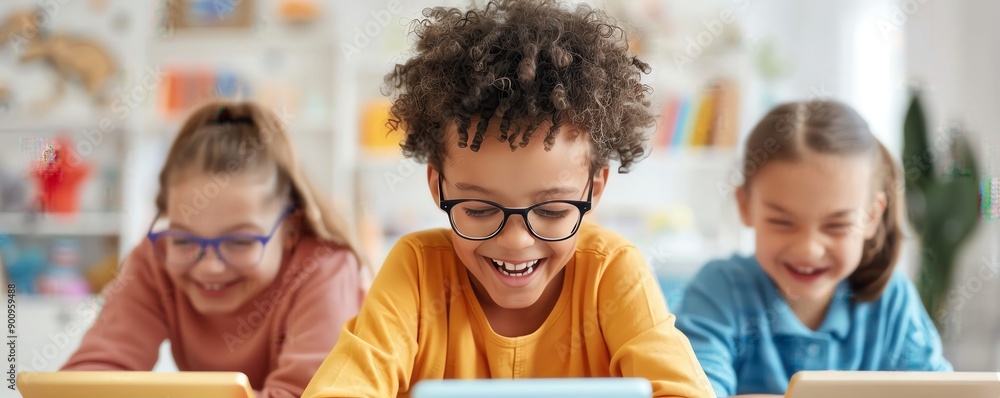 Fototapeta premium Group of happy kids using tablet devices for learning and playing. Educational concept with children enjoying technology indoors.
