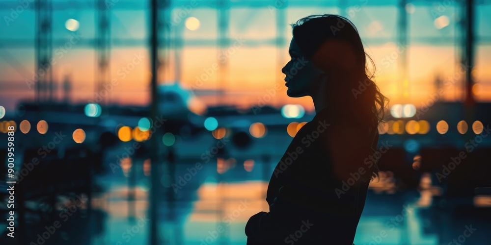 A woman stands in front of a window at an airport, looking out into the distance A woman stands in front of a window at an airport, looking out into the distance