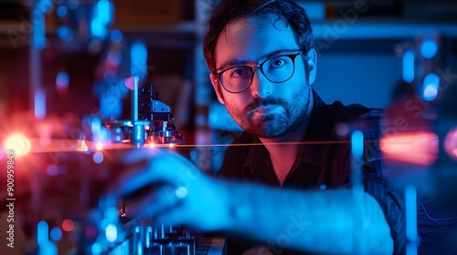 Focused Man Working with a Laser in a Laboratory