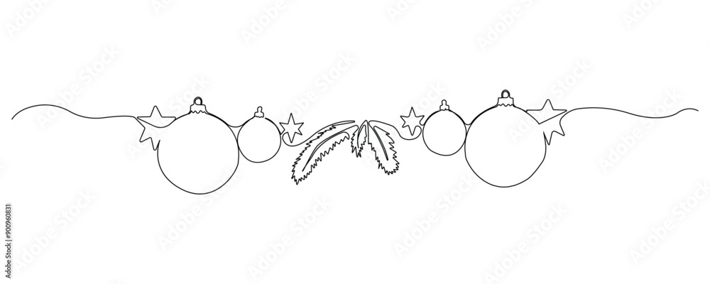Obraz premium Continuous single-line art drawing of Christmas decorations with ball and stars. Merry Christmas theme line art background.