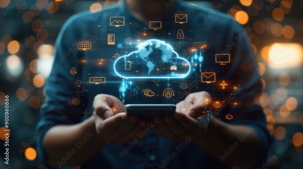 Person holding glowing cloud hologram, representing cloud computing and digital connectivity. Person holding glowing cloud hologram, representing cloud computing and digital connectivity.