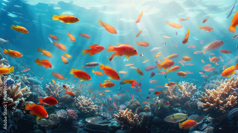 Fototapeta Vibrant underwater scene with colorful tropical fish swimming in a coral reef, illuminated by sunrays penetrating the water.