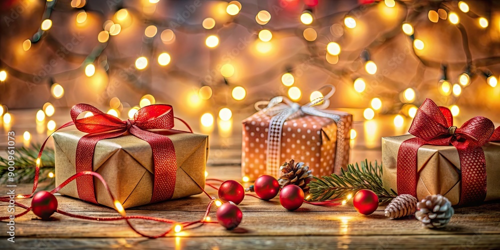 Holiday gifts surrounded by festive lights, gifts, presents, Christmas, holiday, decoration, festive, lights